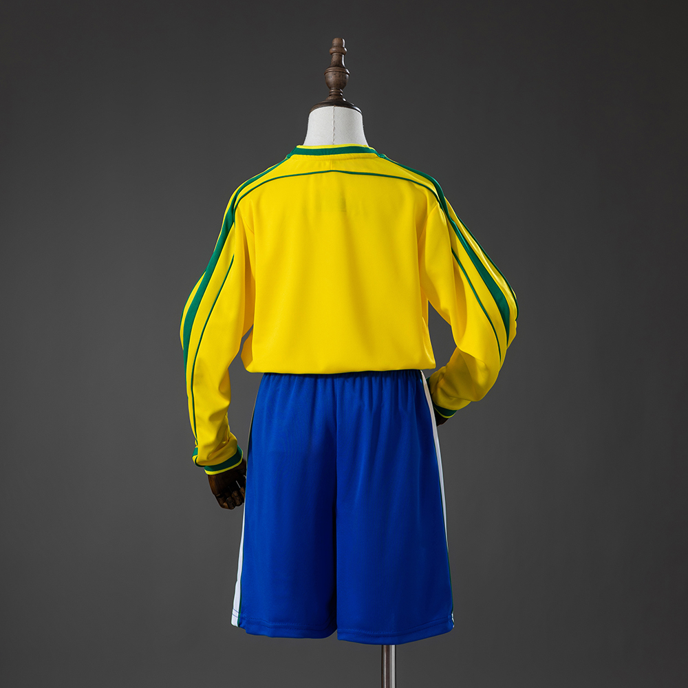 Brazil 1998 Home Retro Long Sleeve Kids Kit Jersey Size 16-28 - Image 2