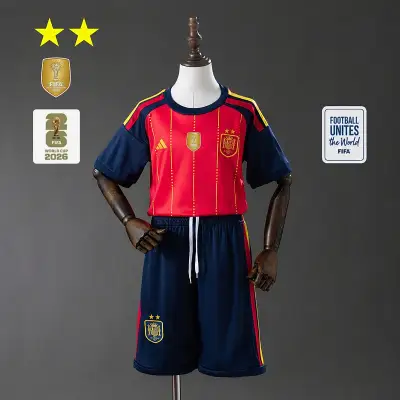Spain 2026 Home 2-Star Champion Edition Kids Kit Jersey Size 16-28